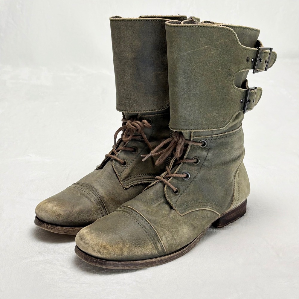 Matisse Lance Olive Green Leather Buckle Combat Boots 9.5 Grunge Distressed